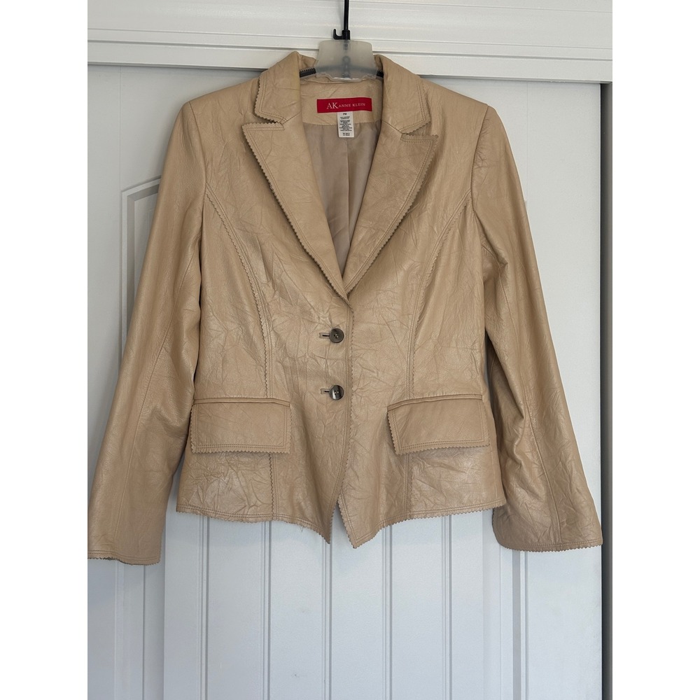 Y2K Anne Klein Women Beige Crinkled Leather Blazer Jacket Pinked Edge Tan PM